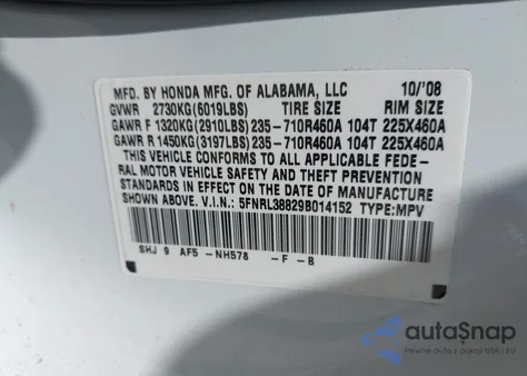 2009 Honda Odyssey Touring from USA, damaged, VIN 5FNRL38829B014152